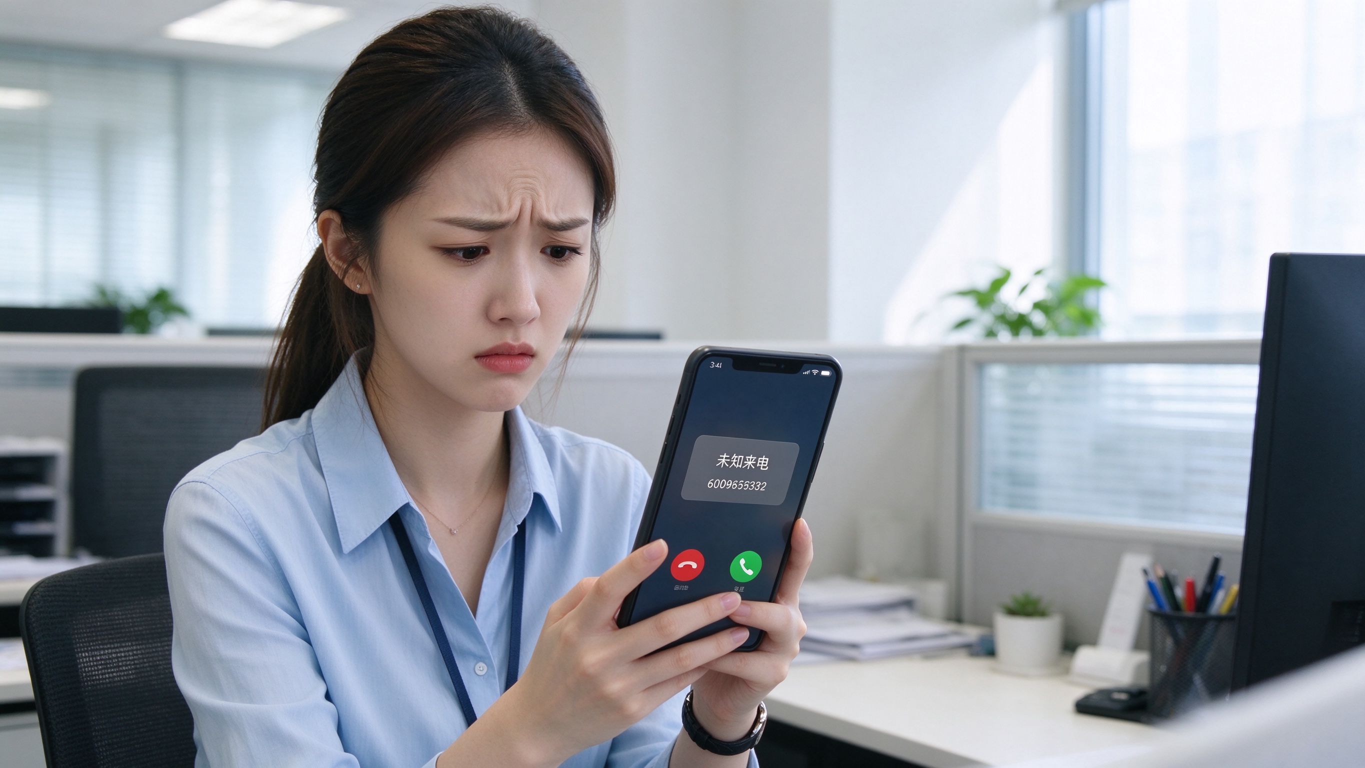客户看着显示未知来电的手机界面
